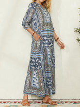 Women Ethnic Style Print V-neck Side Pocket 3/4 Sleeve Vintage Maxi Dress